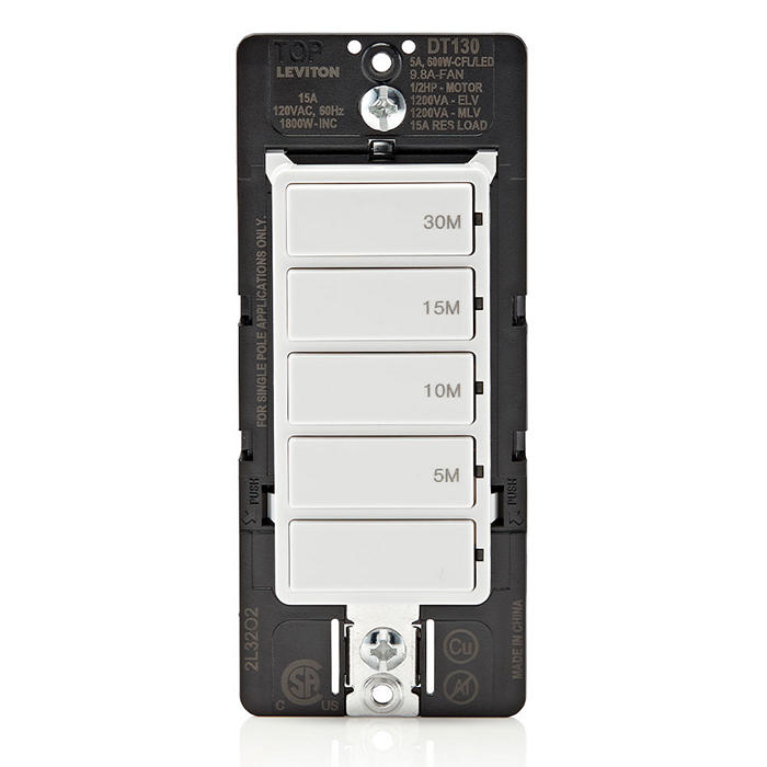 Leviton DT130-1LW (Decora In-Wall 30-Minute Countdown Timer Switch, 15A, ½ HP/9.8A Fan/Motor, Single Pole)