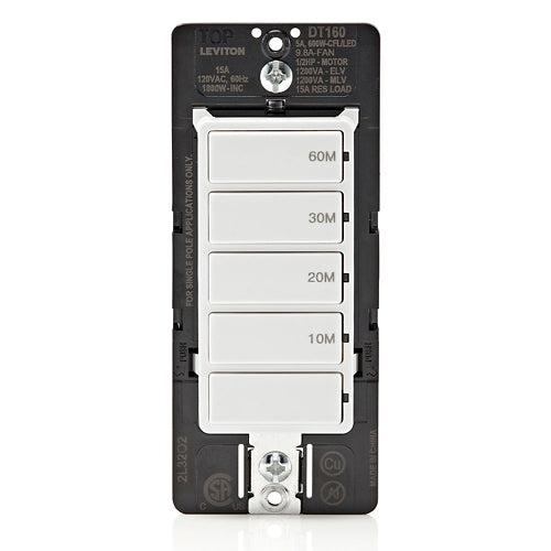 Leviton DT160-1LW (Decora In-Wall 60-Minute Countdown Timer Switch, 15A, ½ HP/9.8A Fan/Motor, Single Pole)